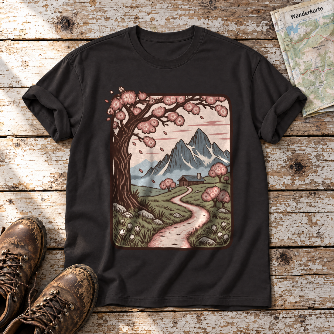 Almweg zur Hütte – T-Shirt Unisex in Schwarz, flach liegend auf alten Holzbrettern mit Wanderschuhen und Wanderkarte.