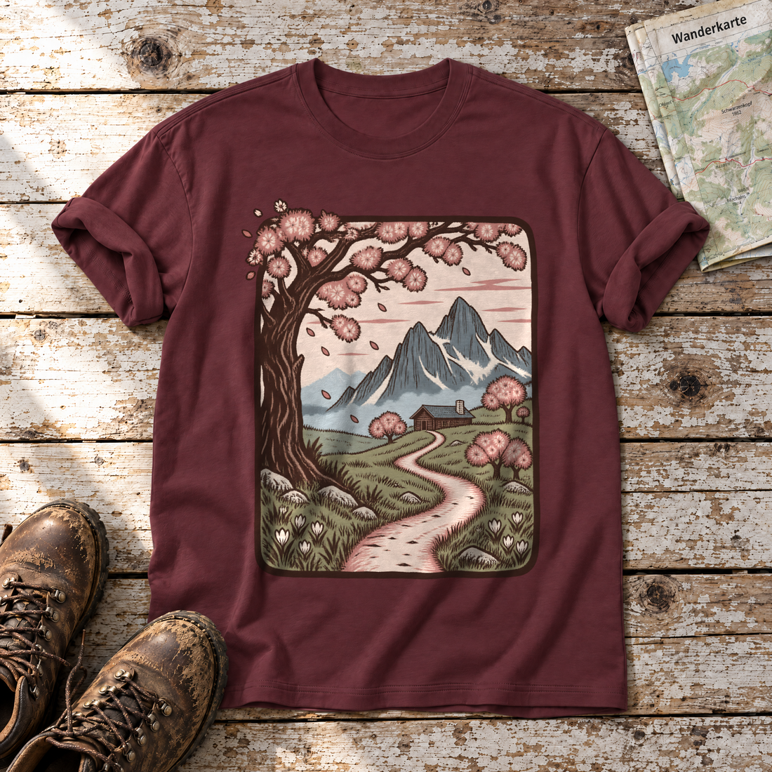Almweg zur Hütte – T-Shirt Unisex in Bordeaux, flach liegend auf alten Holzbrettern mit Wanderschuhen und Wanderkarte.