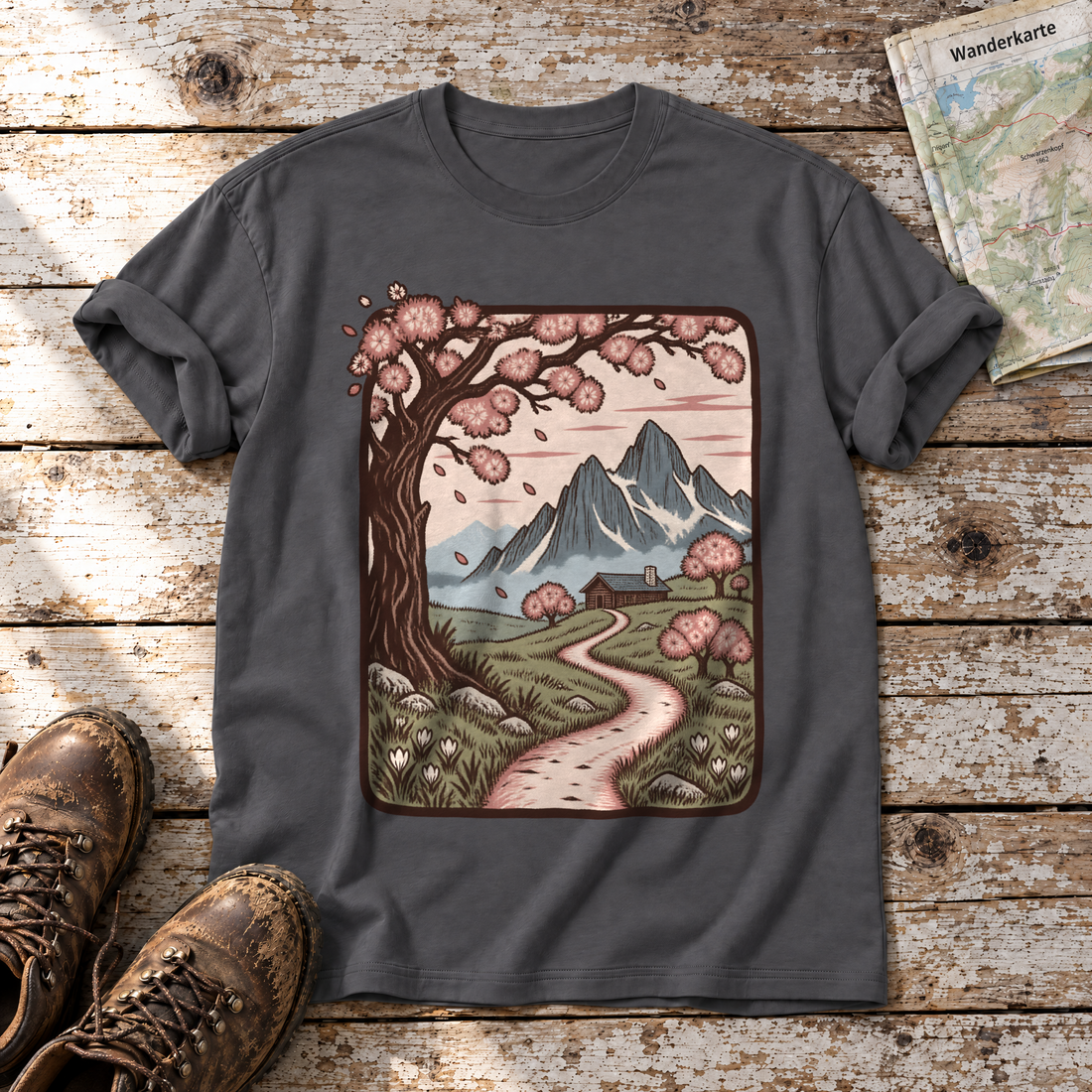 Almweg zur Hütte – T-Shirt Unisex in Dunkelgrau, flach liegend auf alten Holzbrettern mit Wanderschuhen und Wanderkarte.