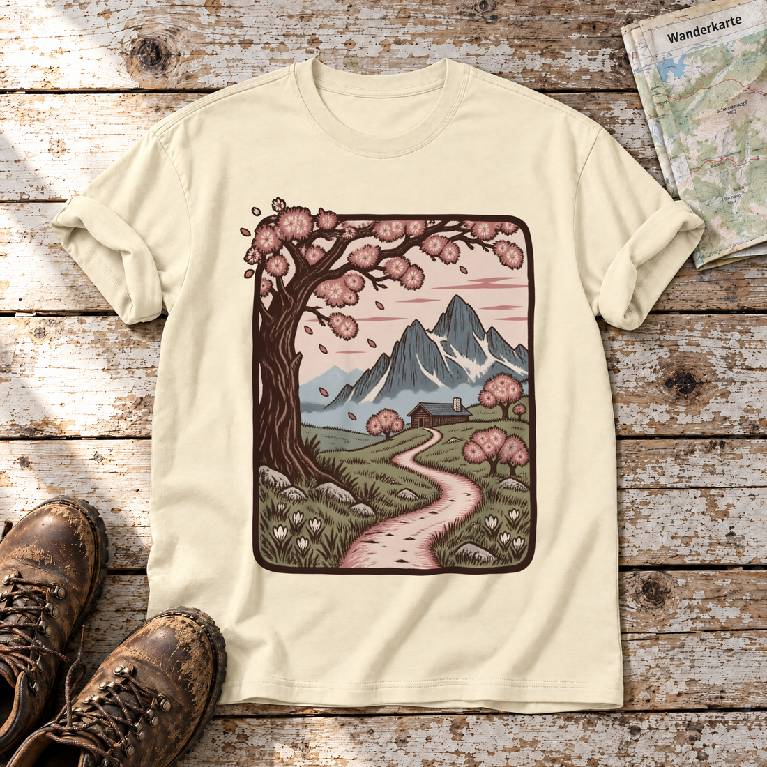 Almweg zur Hütte – T-Shirt Unisex in Natur, flach liegend auf alten Holzbrettern mit Wanderschuhen und Wanderkarte.