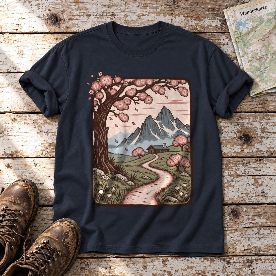 Almweg zur Hütte – T-Shirt Unisex in Navy, flach liegend auf alten Holzbrettern mit Wanderschuhen und Wanderkarte.