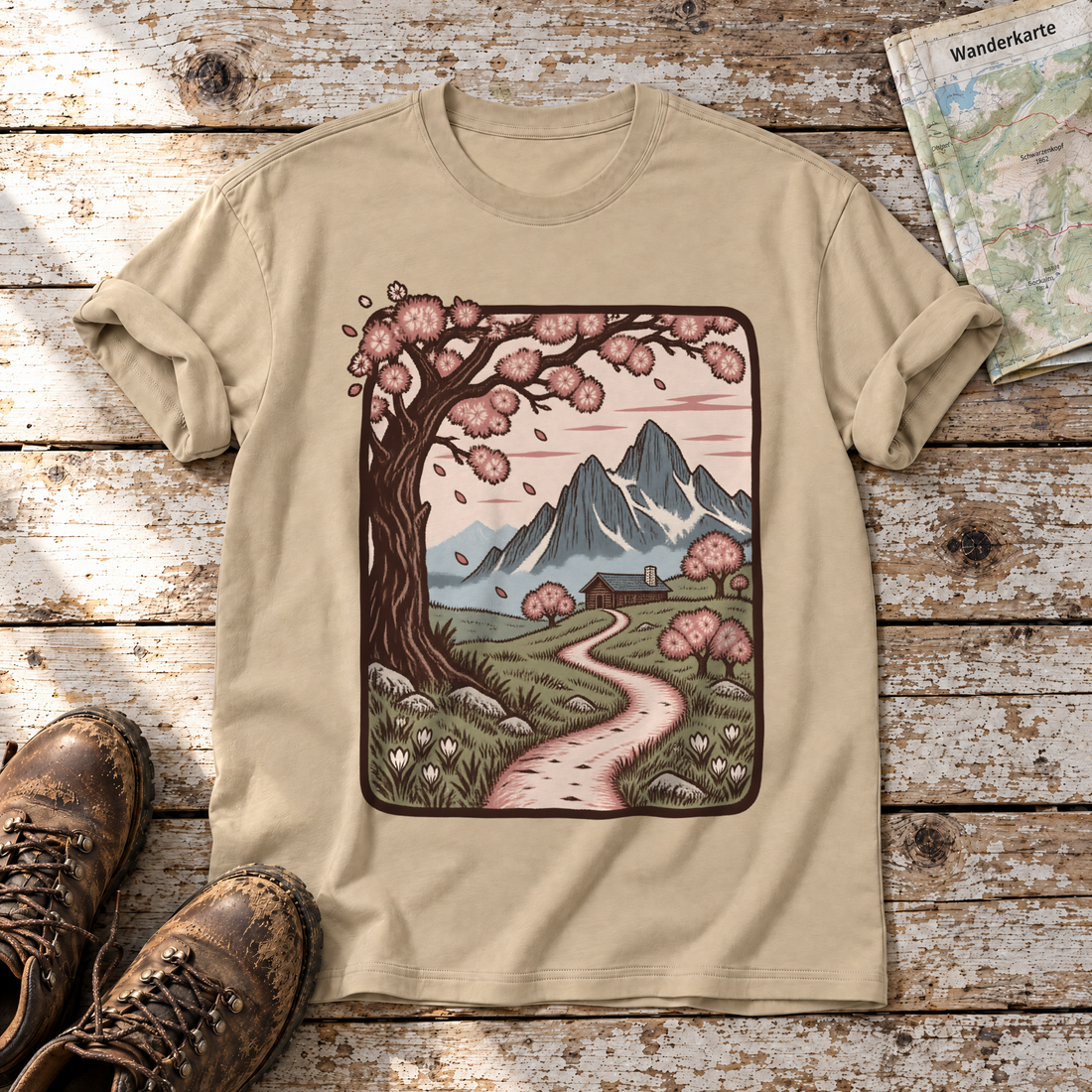 Almweg zur Hütte – T-Shirt Unisex in Sand, flach liegend auf alten Holzbrettern mit Wanderschuhen und Wanderkarte.