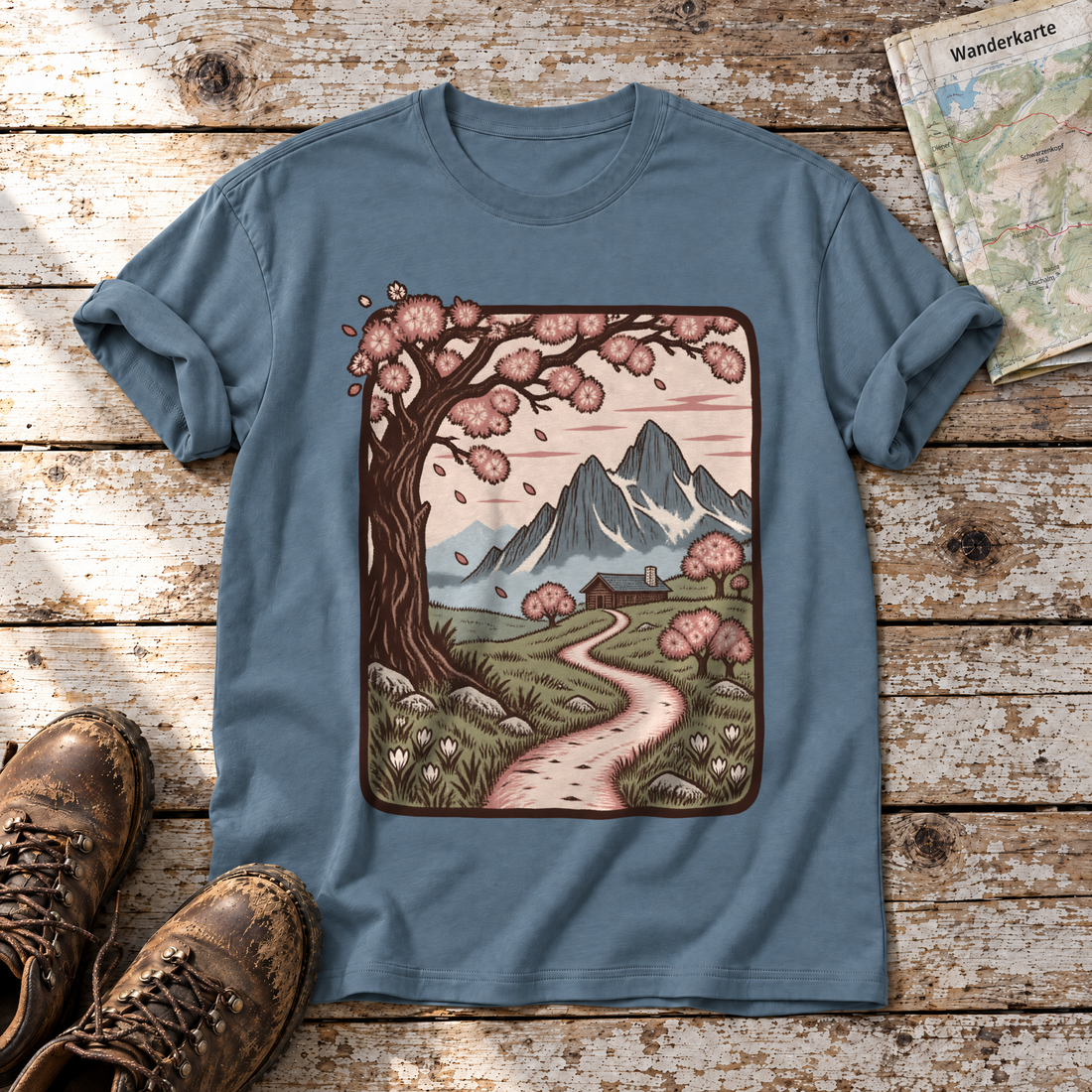Almweg zur Hütte – T-Shirt Unisex in Steinblau, flach liegend auf alten Holzbrettern mit Wanderschuhen und Wanderkarte.
