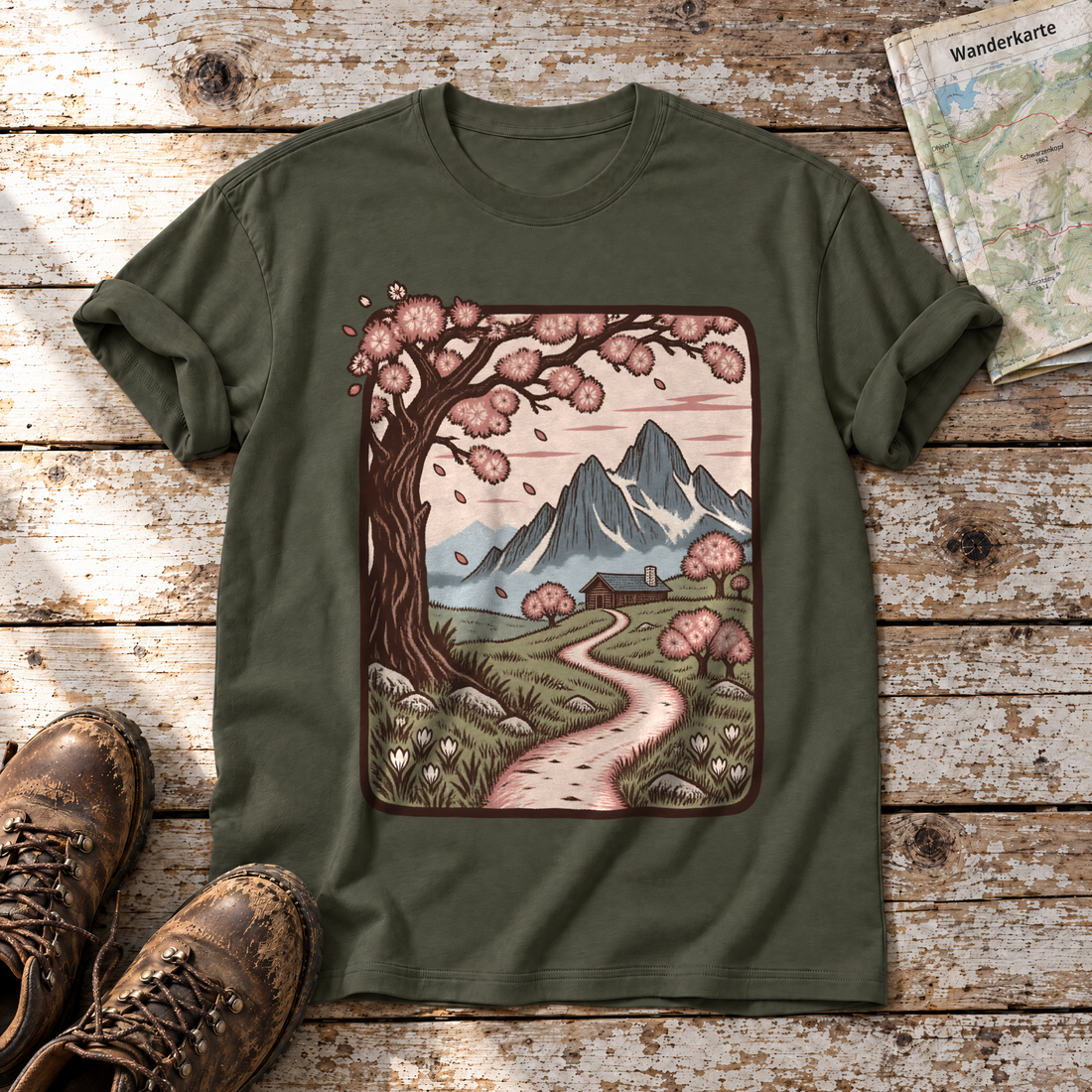 Almweg zur Hütte – T-Shirt Unisex in Oliv, flach liegend auf alten Holzbrettern mit Wanderschuhen und Wanderkarte.