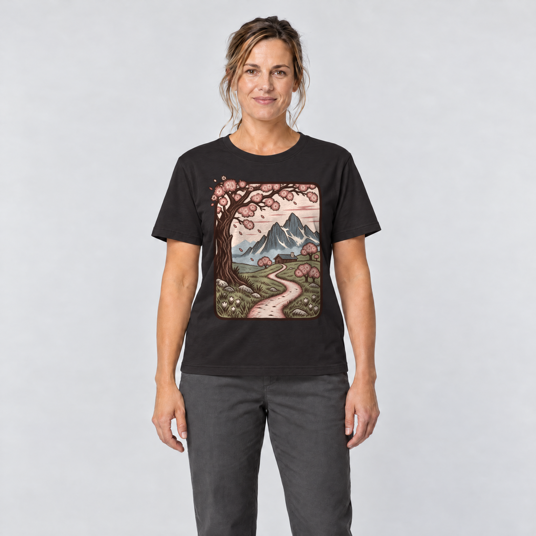 Frau trägt Almweg zur Hütte – T-Shirt Unisex in Schwarz, Ansicht von vorn