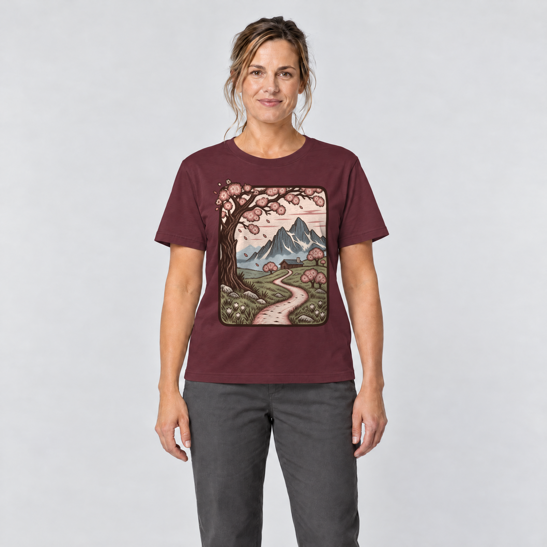 Frau trägt Almweg zur Hütte – T-Shirt Unisex in Bordeaux, Ansicht von vorn