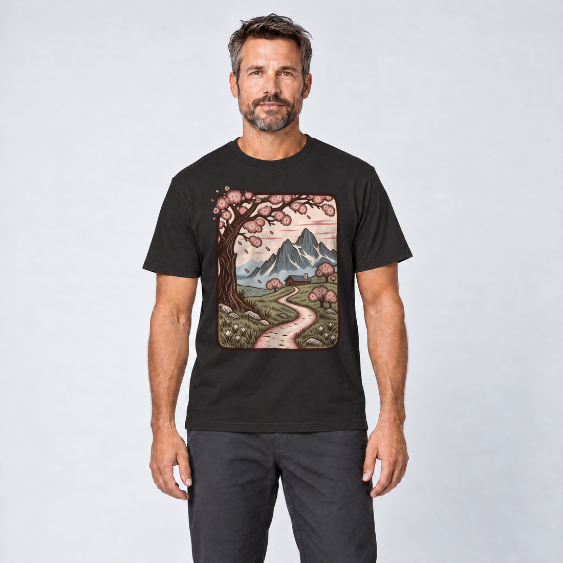 Mann trägt Almweg zur Hütte – T-Shirt Unisex in Schwarz, Ansicht von vorn