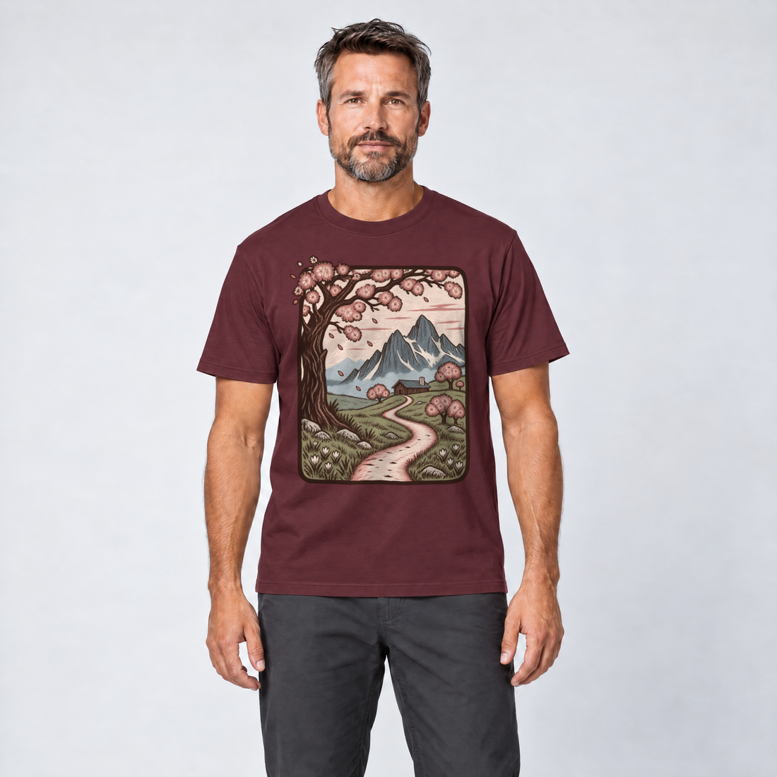 Mann trägt Almweg zur Hütte – T-Shirt Unisex in Bordeaux, Ansicht von vorn