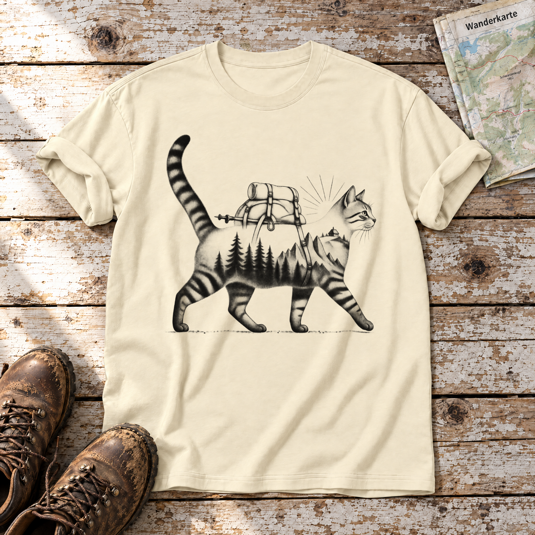 Katze mit Rucksack – T-Shirt Unisex in Natur, flach liegend auf alten Holzbrettern mit Wanderschuhen und Wanderkarte.