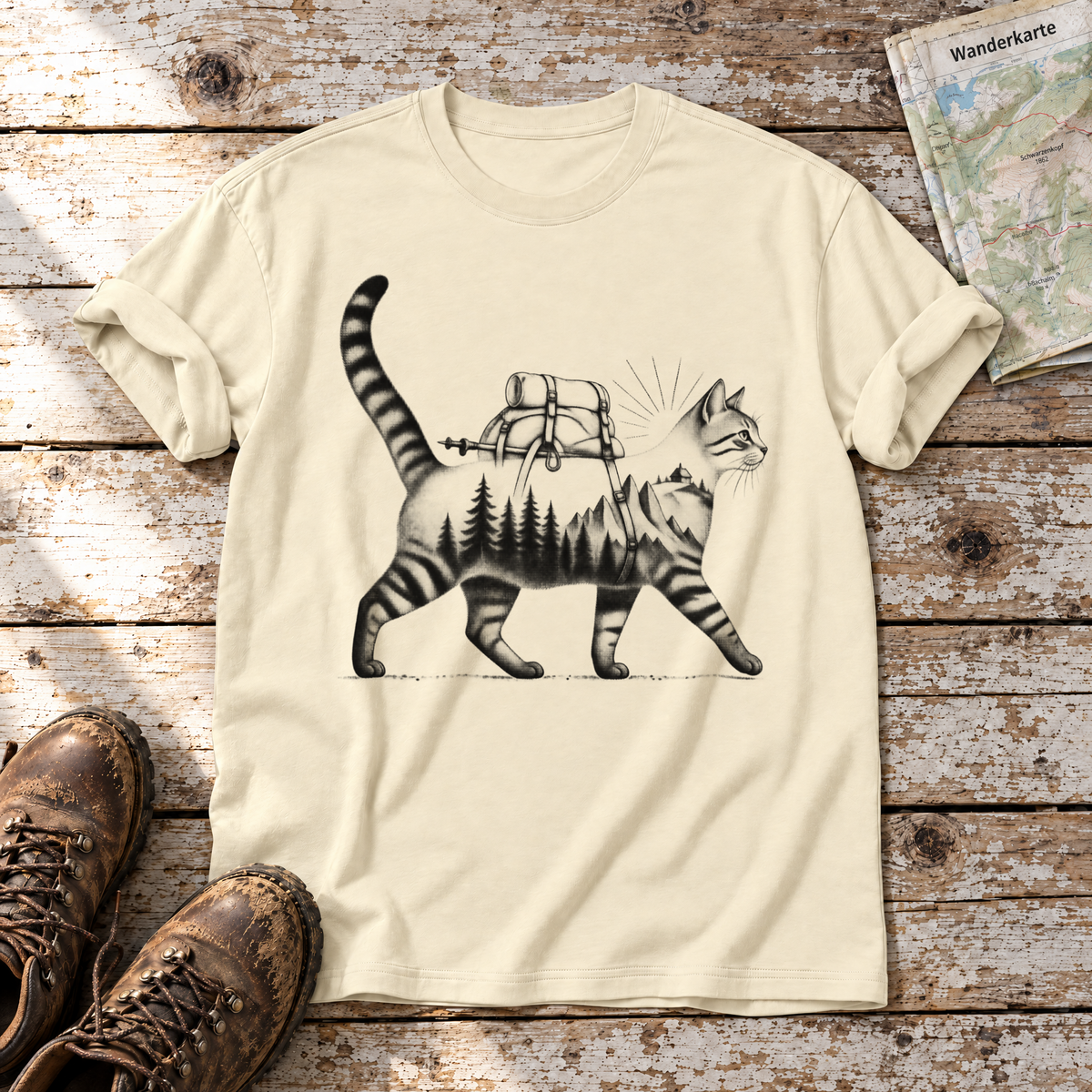 Katze mit Rucksack – T-Shirt Unisex in Natur, flach liegend auf alten Holzbrettern mit Wanderschuhen und Wanderkarte.