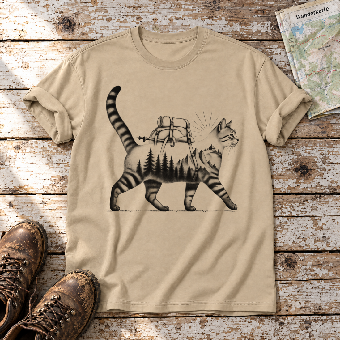 Katze mit Rucksack – T-Shirt Unisex in Sand, flach liegend auf alten Holzbrettern mit Wanderschuhen und Wanderkarte.
