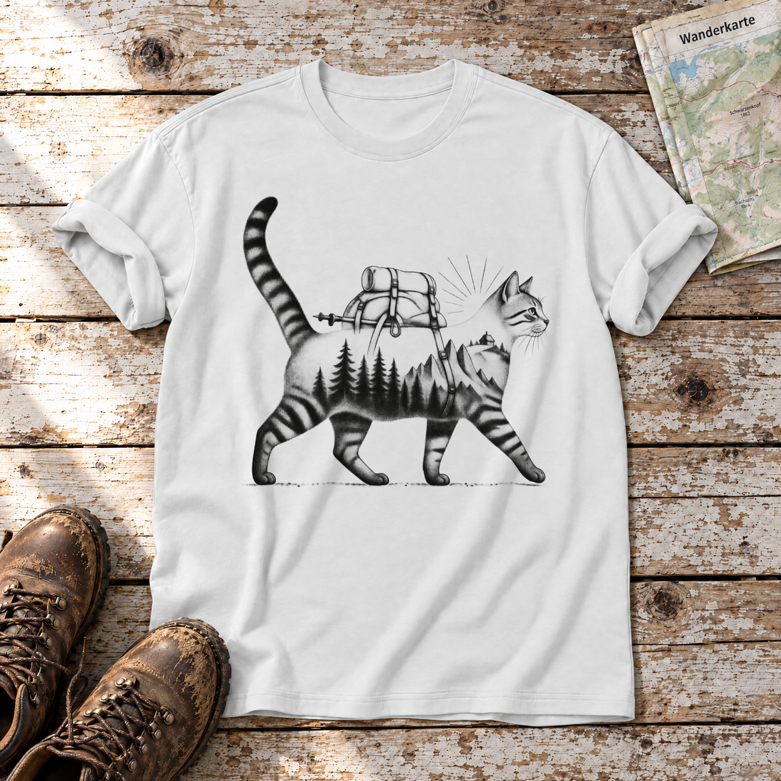Katze mit Rucksack – T-Shirt Unisex in Weiß, flach liegend auf alten Holzbrettern mit Wanderschuhen und Wanderkarte.
