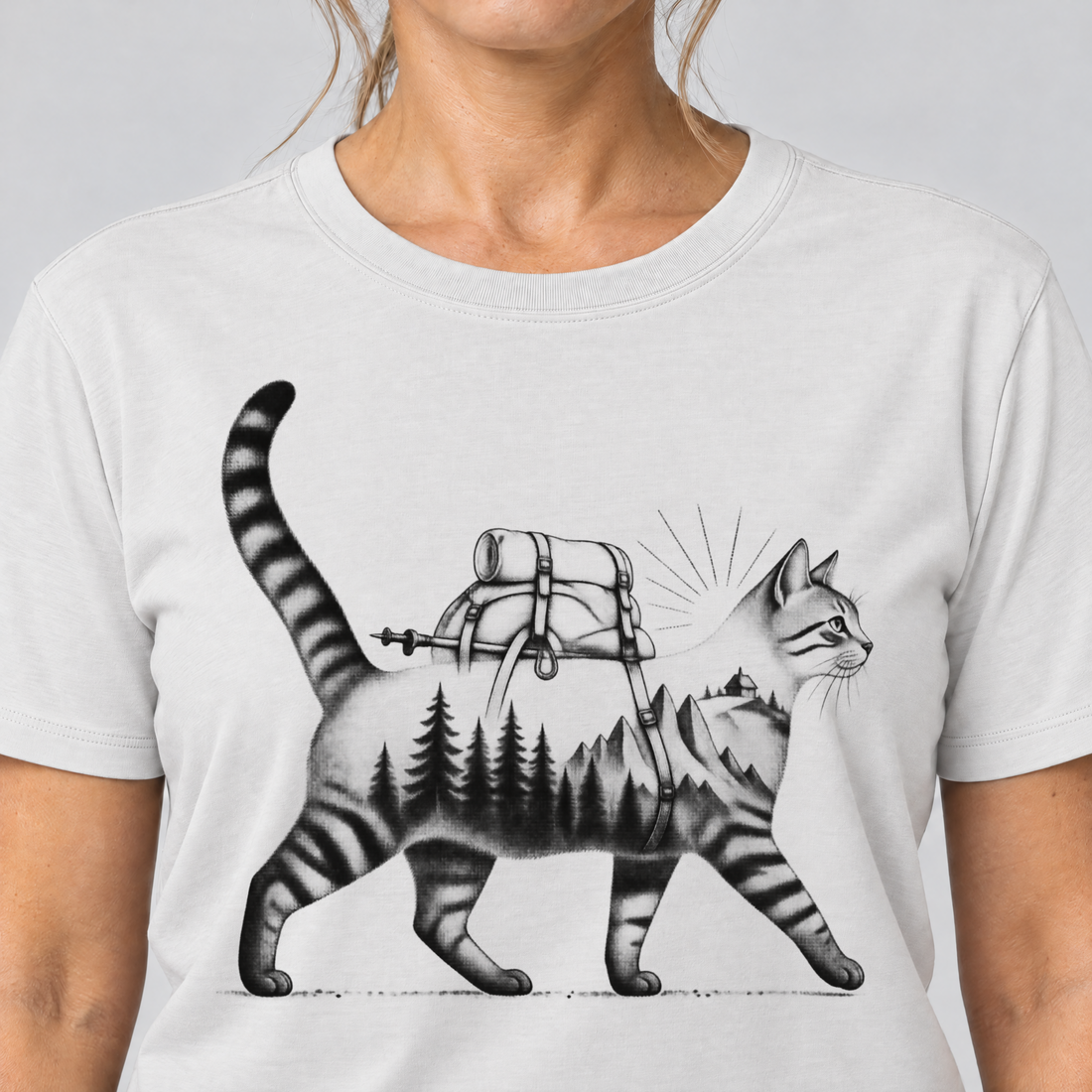 Nahaufnahme des Drucks: Katze mit Rucksack – T-Shirt Unisex in Weiß, von einer Frau getragen