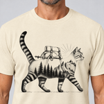 Nahaufnahme des Drucks: Katze mit Rucksack – T-Shirt Unisex in Natur, von einem Mann getragen
