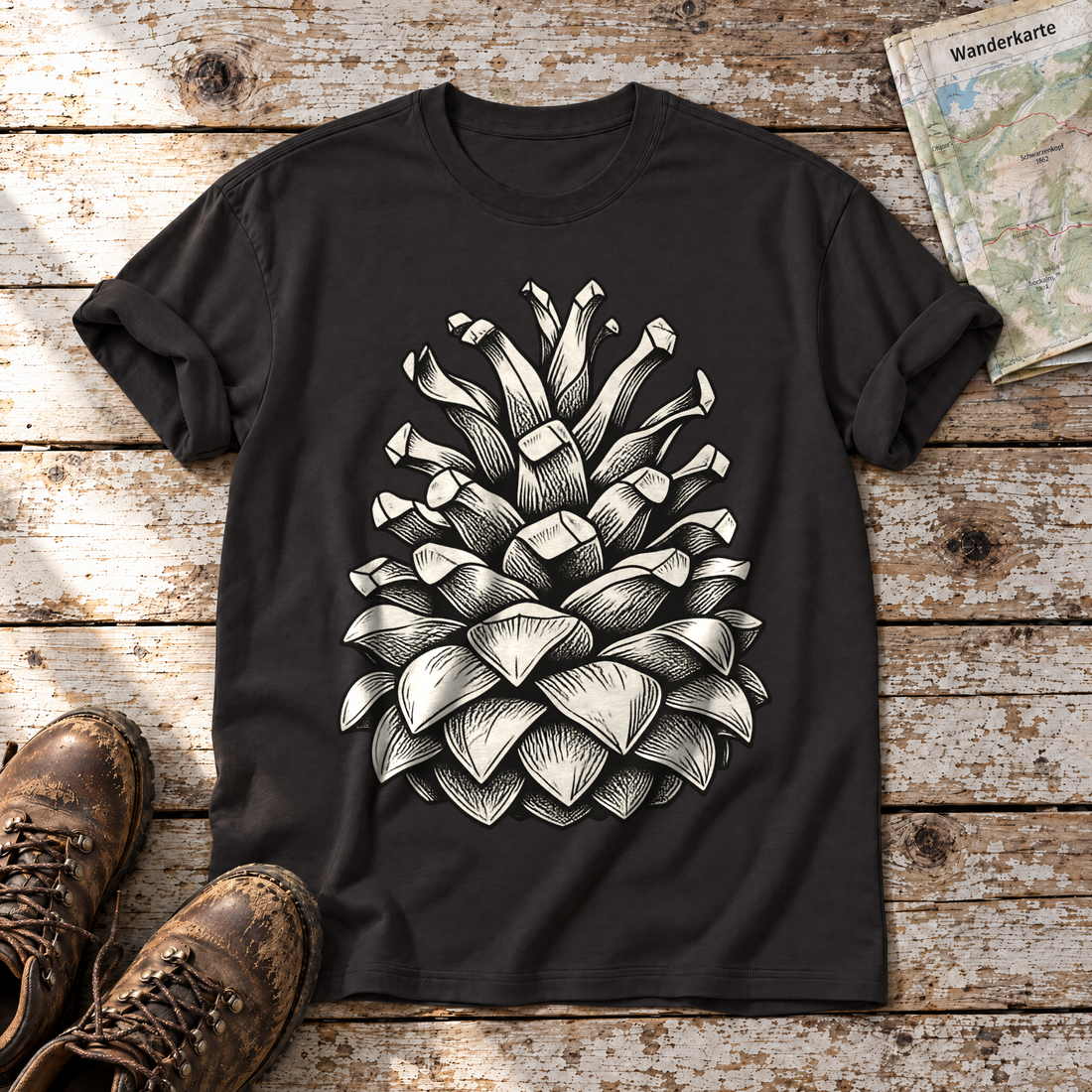 Kiefernzapfen – T-Shirt Unisex in Schwarz, flach liegend auf alten Holzbrettern mit Wanderschuhen und Wanderkarte.