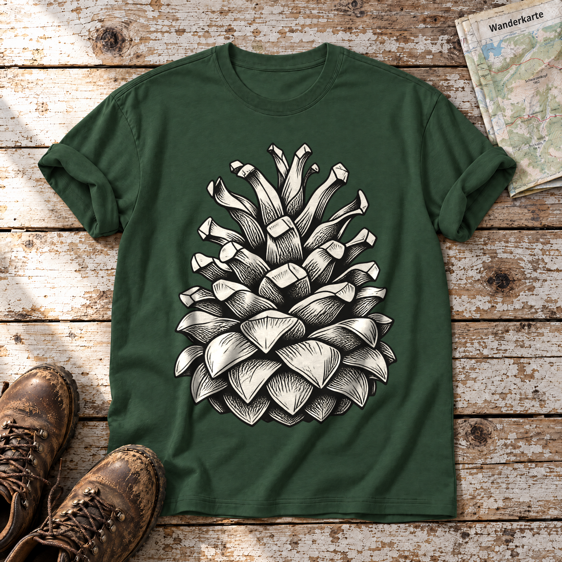 Kiefernzapfen – T-Shirt Unisex in Flaschengrün, flach liegend auf alten Holzbrettern mit Wanderschuhen und Wanderkarte.