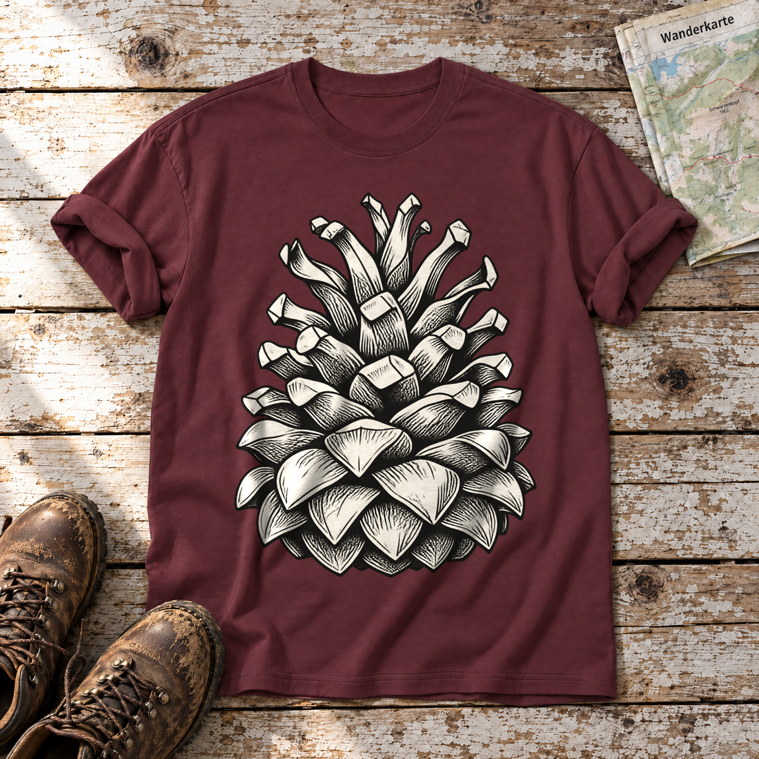 Kiefernzapfen – T-Shirt Unisex in Bordeaux, flach liegend auf alten Holzbrettern mit Wanderschuhen und Wanderkarte.