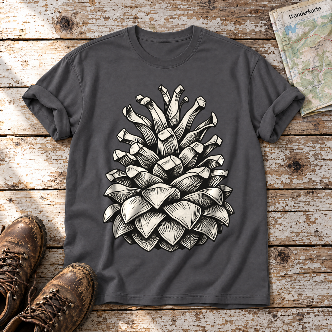 Kiefernzapfen – T-Shirt Unisex in Dunkelgrau, flach liegend auf alten Holzbrettern mit Wanderschuhen und Wanderkarte.