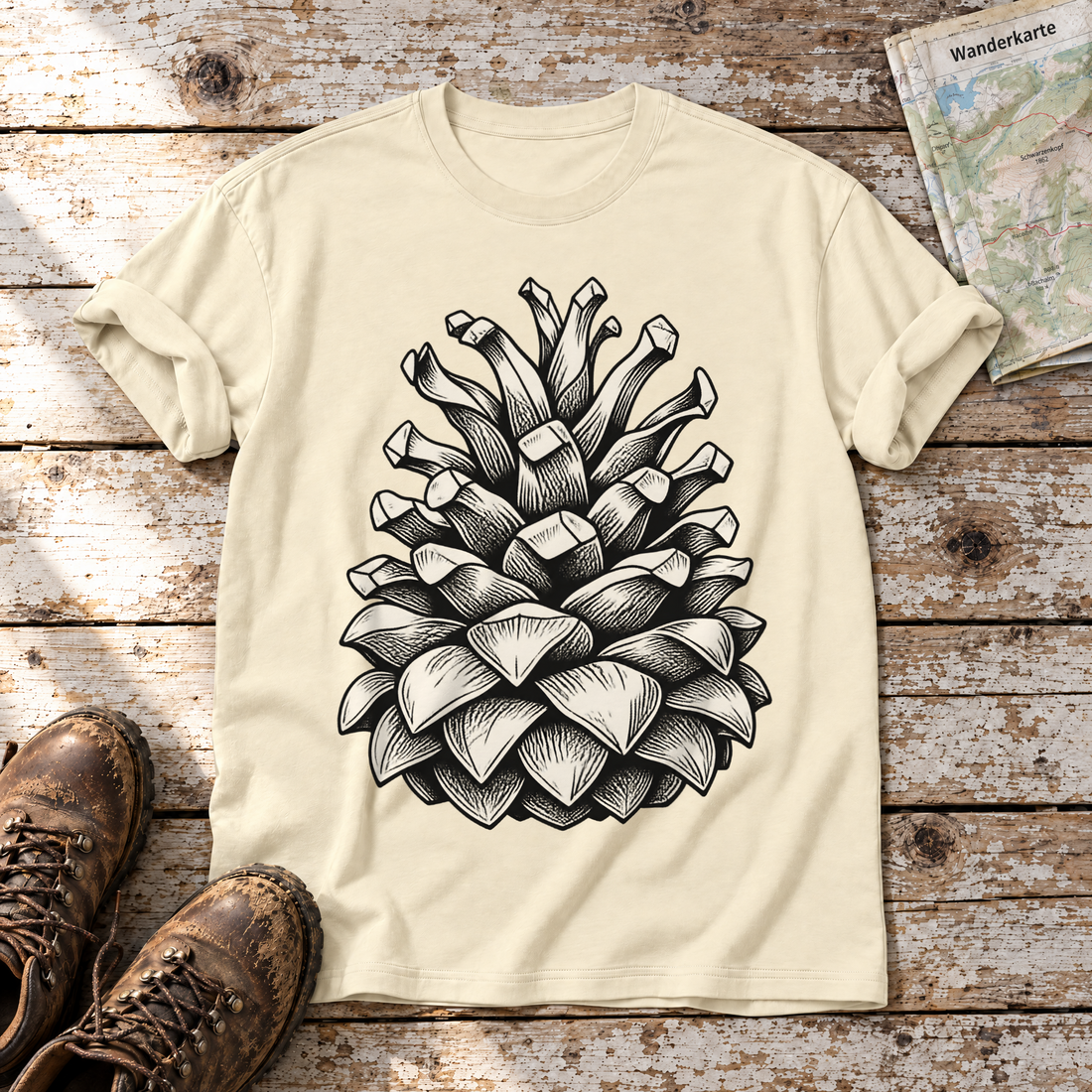 Kiefernzapfen – T-Shirt Unisex in Natur, flach liegend auf alten Holzbrettern mit Wanderschuhen und Wanderkarte.