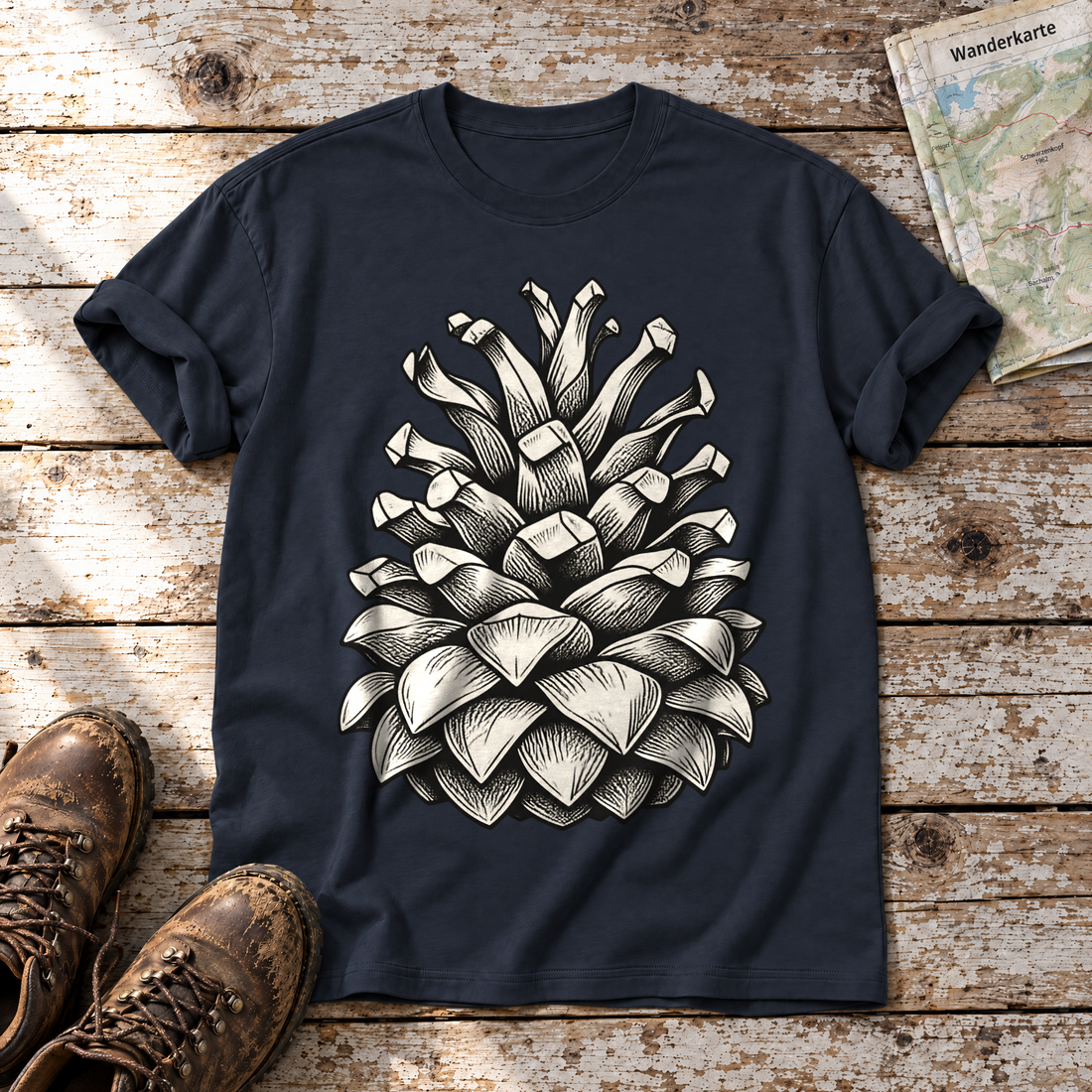 Kiefernzapfen – T-Shirt Unisex in Navy, flach liegend auf alten Holzbrettern mit Wanderschuhen und Wanderkarte.