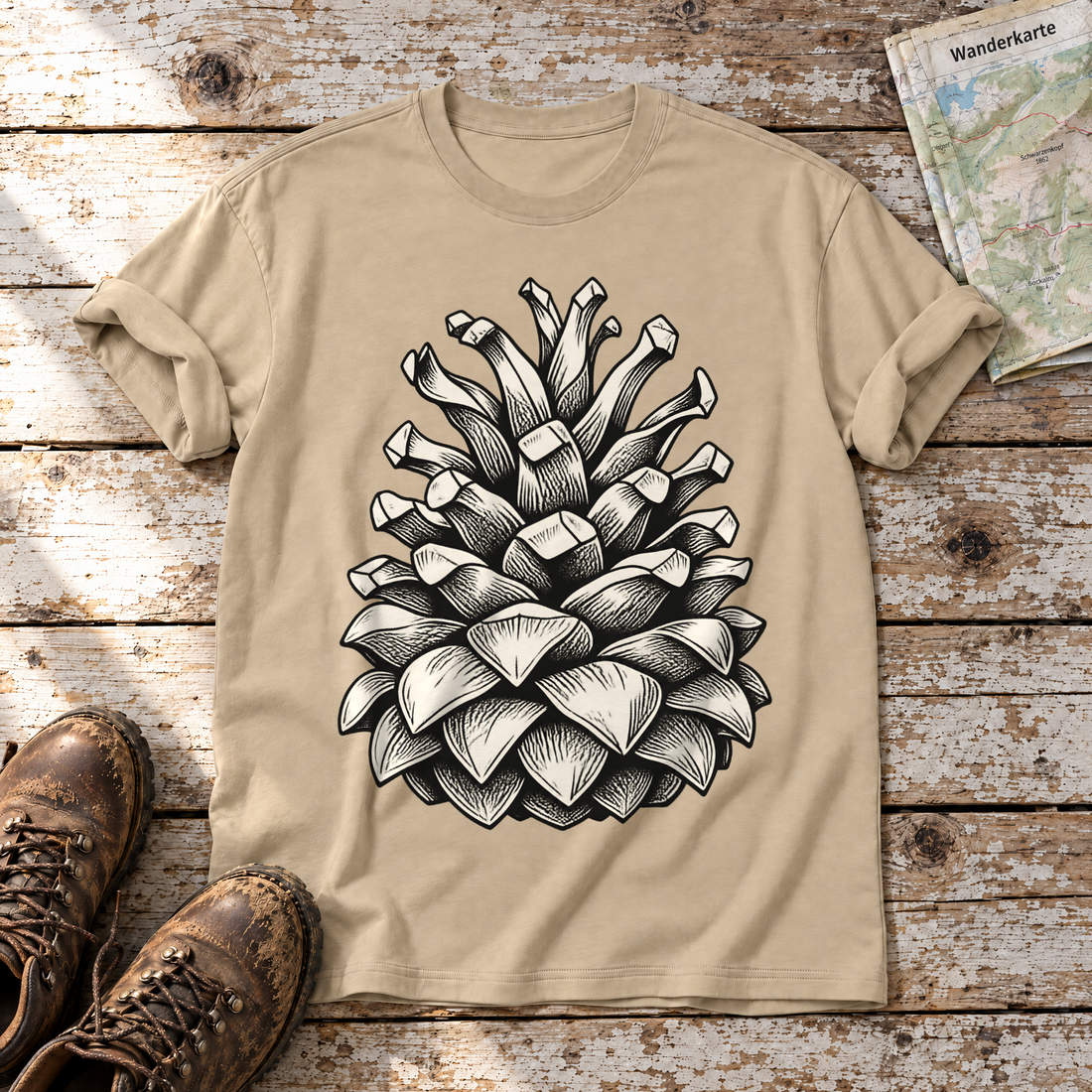 Kiefernzapfen – T-Shirt Unisex in Sand, flach liegend auf alten Holzbrettern mit Wanderschuhen und Wanderkarte.