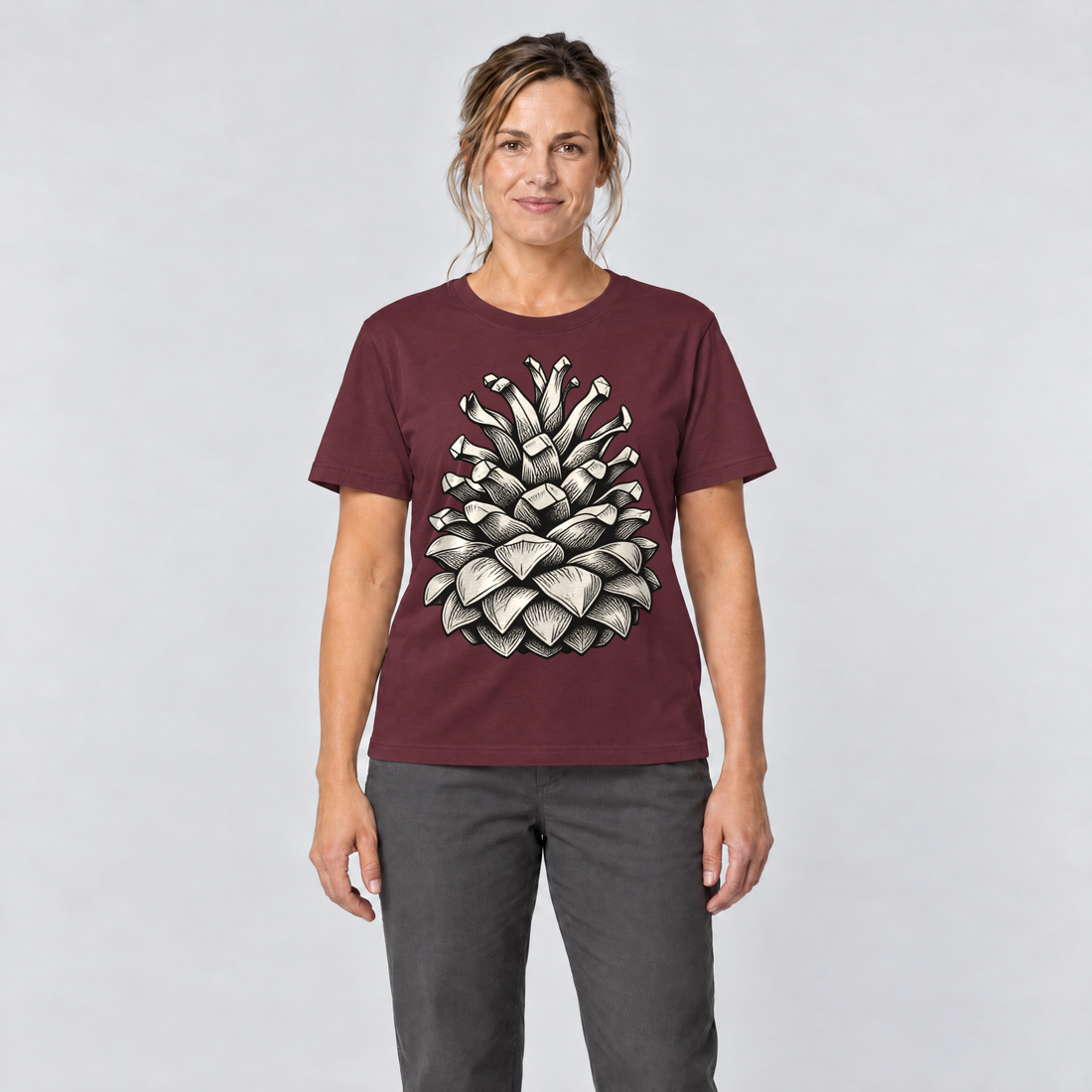 Frau trägt Kiefernzapfen – T-Shirt Unisex in Bordeaux, Ansicht von vorn