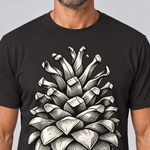 Nahaufnahme des Drucks: Kiefernzapfen – T-Shirt Unisex in Schwarz, von einem Mann getragen