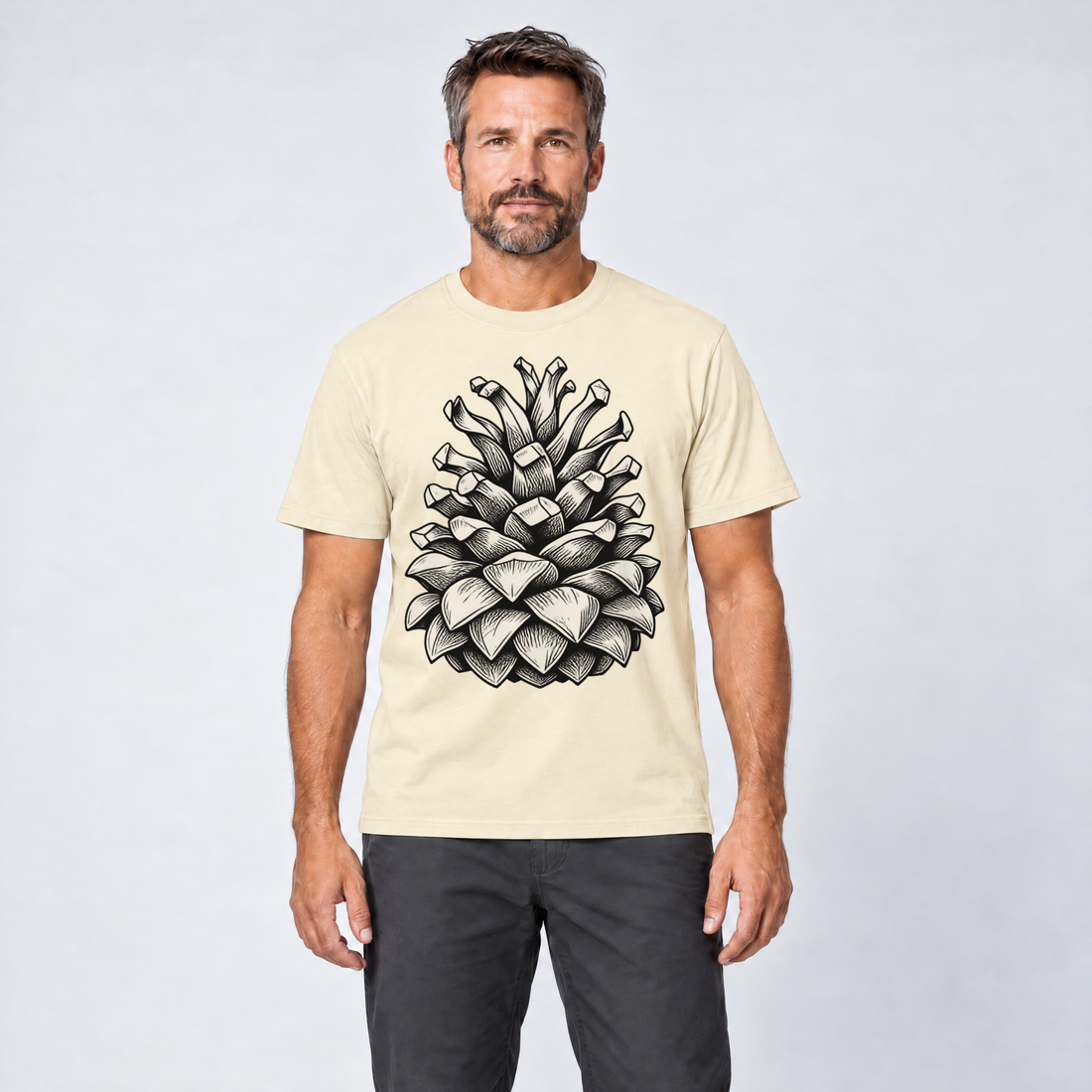 Mann trägt Kiefernzapfen – T-Shirt Unisex in Natur, Ansicht von vorn