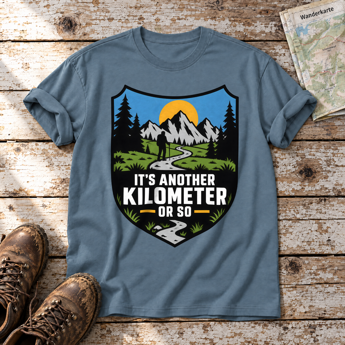 Another Kilometer or So – T-Shirt Unisex in Steinblau, flach liegend auf alten Holzbrettern mit Wanderschuhen und Wanderkarte.
