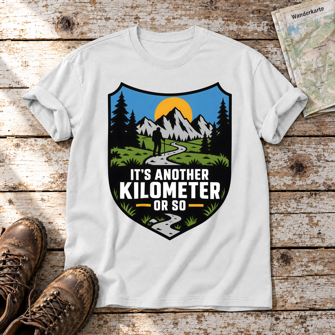 Another Kilometer or So – T-Shirt Unisex in Weiß, flach liegend auf alten Holzbrettern mit Wanderschuhen und Wanderkarte.