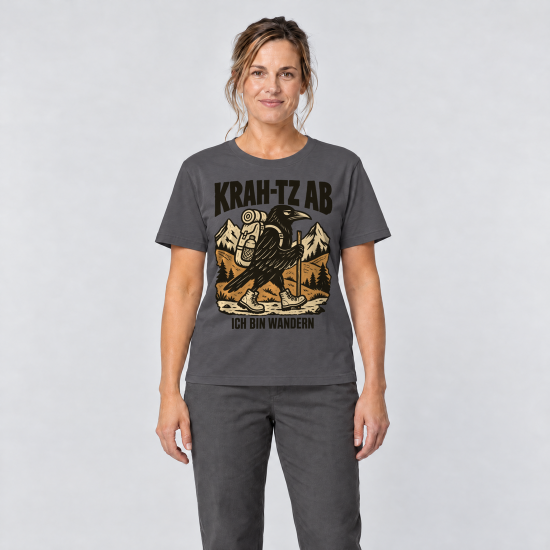 Frau trägt Krah-tz ab – T-Shirt Unisex in Dunkelgrau, Ansicht von vorn