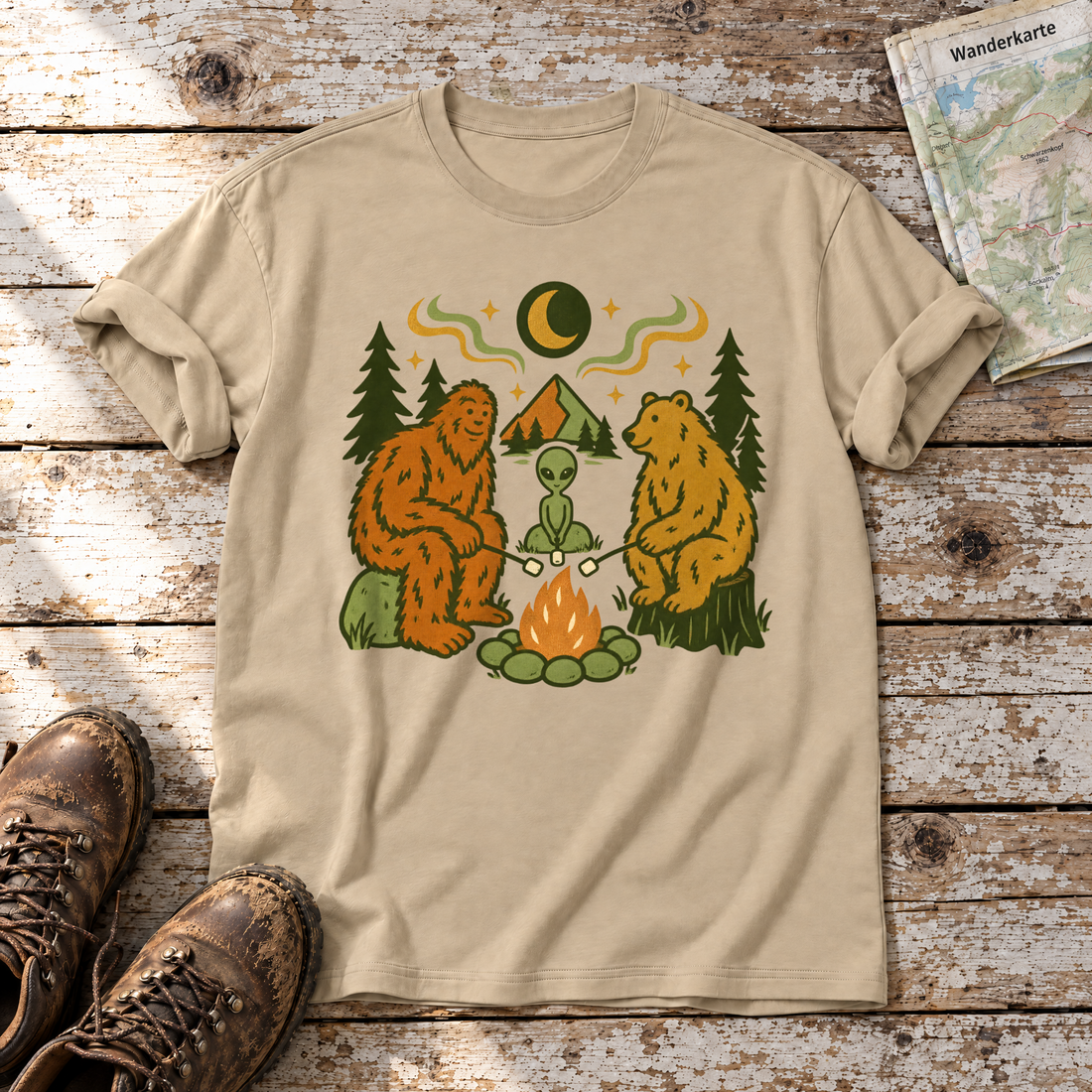 Bigfoot, Alien und Bär am Lagerfeuer – T-Shirt Unisex in Sand, flach liegend auf alten Holzbrettern mit Wanderschuhen und Wanderkarte.