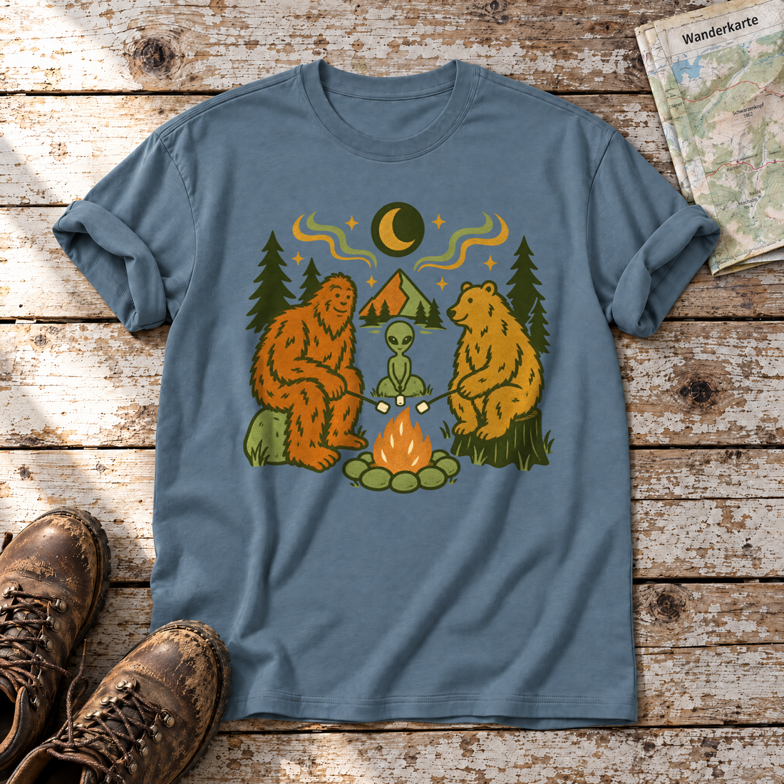 Bigfoot, Alien und Bär am Lagerfeuer – T-Shirt Unisex in Steinblau, flach liegend auf alten Holzbrettern mit Wanderschuhen und Wanderkarte.