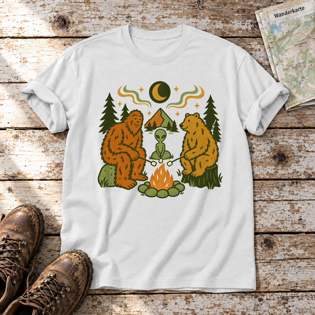 Bigfoot, Alien und Bär am Lagerfeuer – T-Shirt Unisex in Weiß, flach liegend auf alten Holzbrettern mit Wanderschuhen und Wanderkarte.