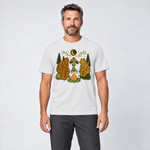 Mann trägt Bigfoot, Alien und Bär am Lagerfeuer – T-Shirt Unisex in Weiß, Ansicht von vorn