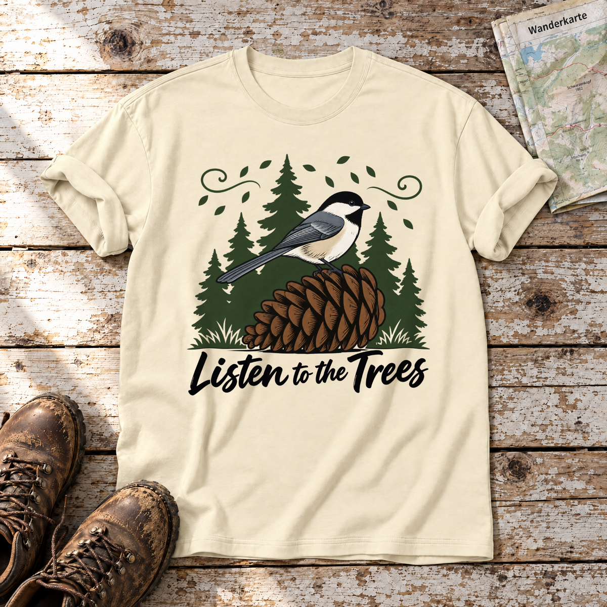 Listen to the Trees – T-Shirt Unisex in Natur, flach liegend auf alten Holzbrettern mit Wanderschuhen und Wanderkarte.