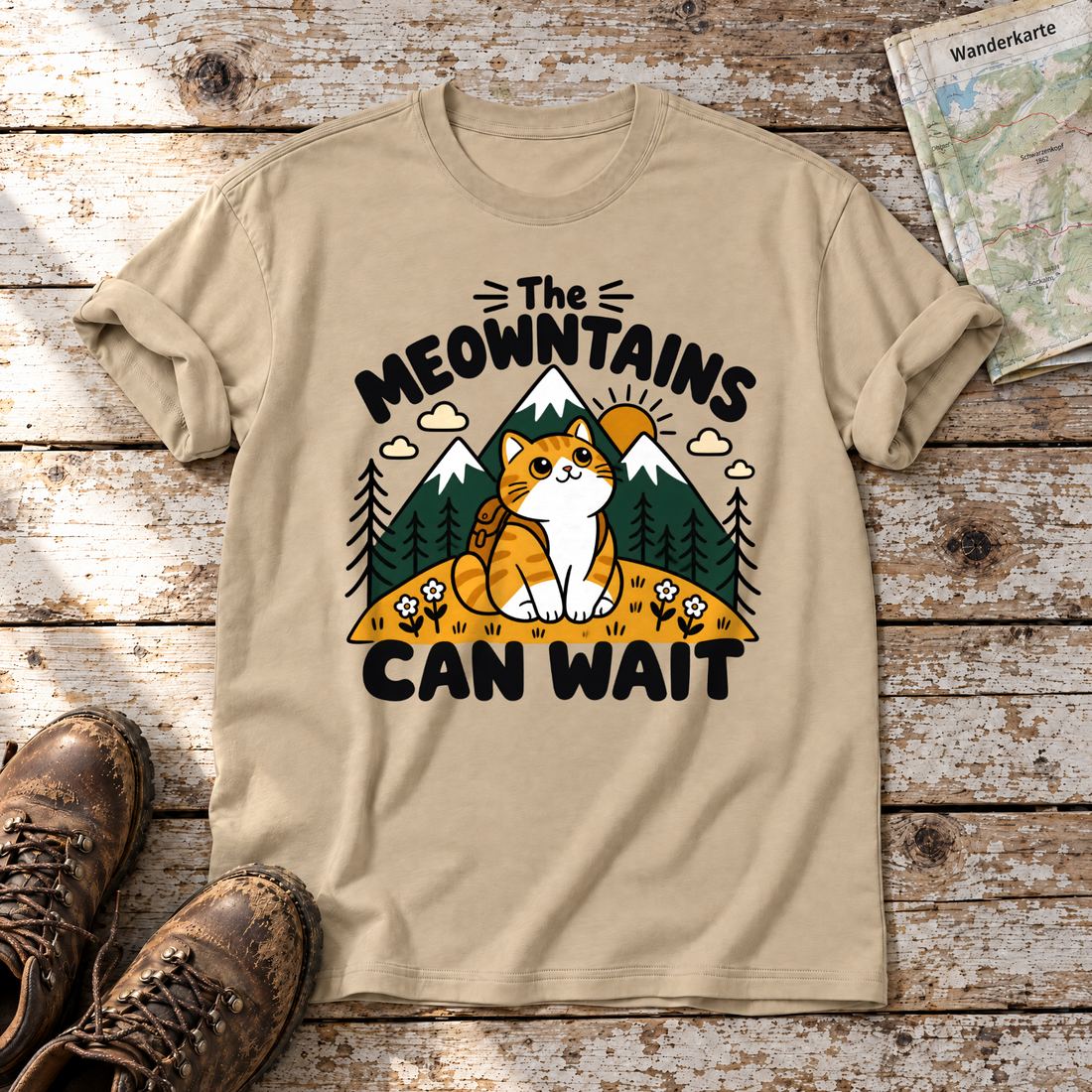 The Meowntains can wait – T-Shirt Unisex in Sand, flach liegend auf alten Holzbrettern mit Wanderschuhen und Wanderkarte.