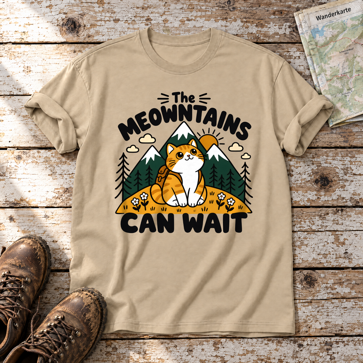 The Meowntains can wait – T-Shirt Unisex in Sand, flach liegend auf alten Holzbrettern mit Wanderschuhen und Wanderkarte.
