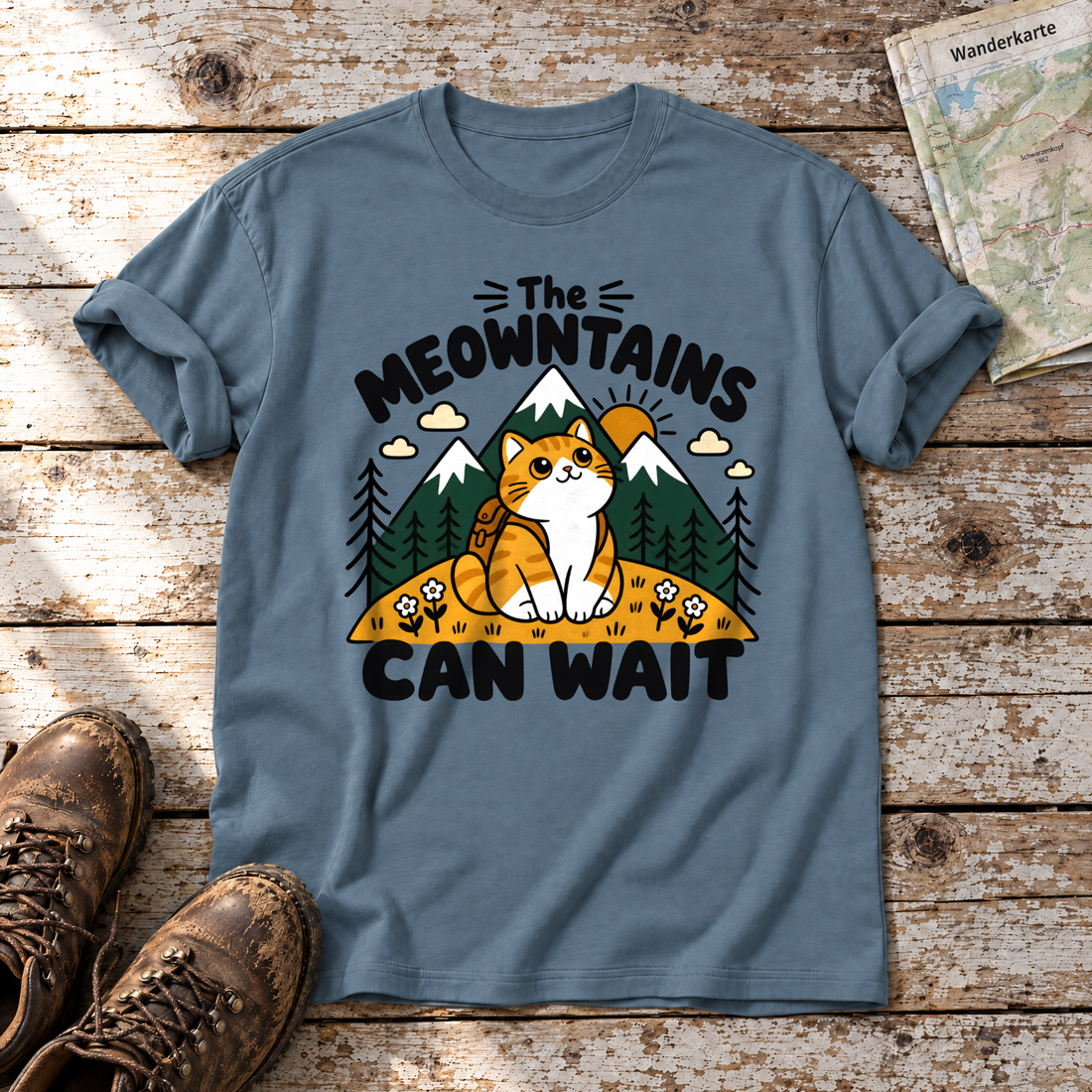The Meowntains can wait – T-Shirt Unisex in Steinblau, flach liegend auf alten Holzbrettern mit Wanderschuhen und Wanderkarte.