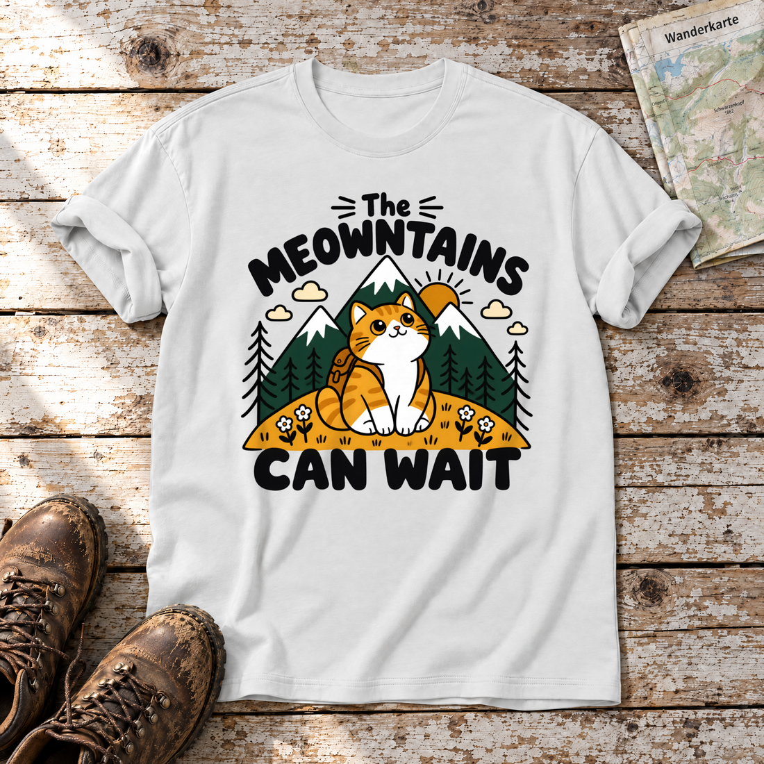 The Meowntains can wait – T-Shirt Unisex in Weiß, flach liegend auf alten Holzbrettern mit Wanderschuhen und Wanderkarte.