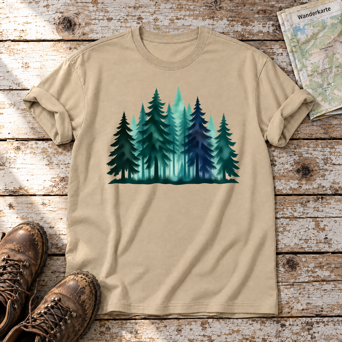 Nebelwald – T-Shirt Unisex in Sand, flach liegend auf alten Holzbrettern mit Wanderschuhen und Wanderkarte.