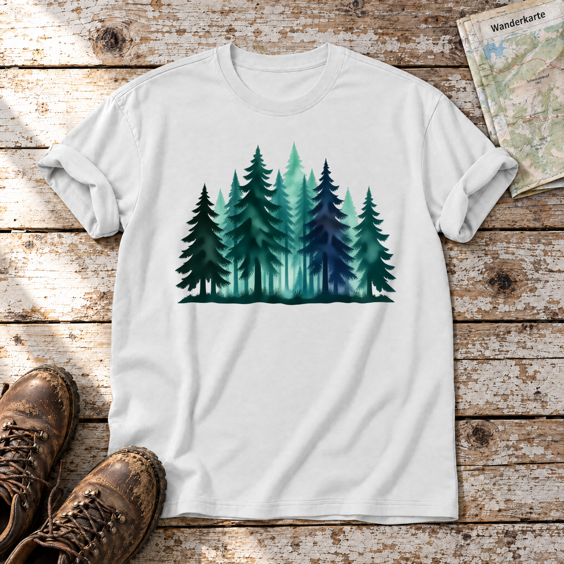 Nebelwald – T-Shirt Unisex in Weiß, flach liegend auf alten Holzbrettern mit Wanderschuhen und Wanderkarte.