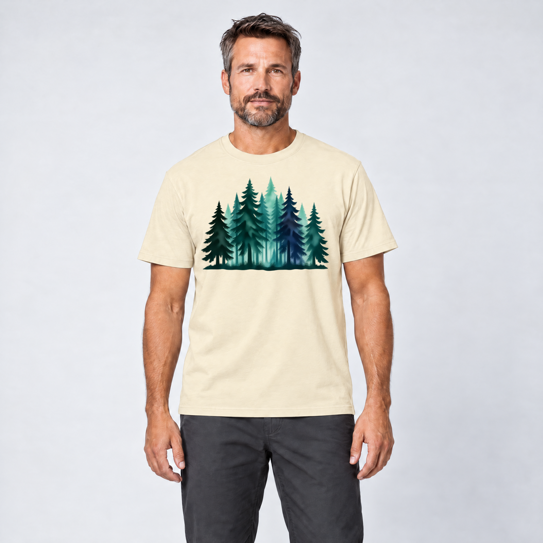 Mann trägt Nebelwald – T-Shirt Unisex in Natur, Ansicht von vorn