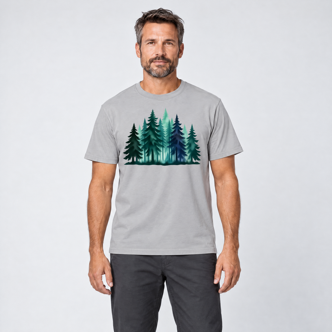 Mann trägt Nebelwald – T-Shirt Unisex in Hellgrau, Ansicht von vorn