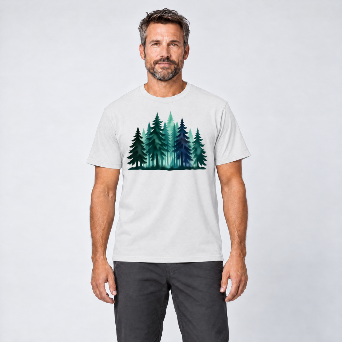 Mann trägt Nebelwald – T-Shirt Unisex in Weiß, Ansicht von vorn
