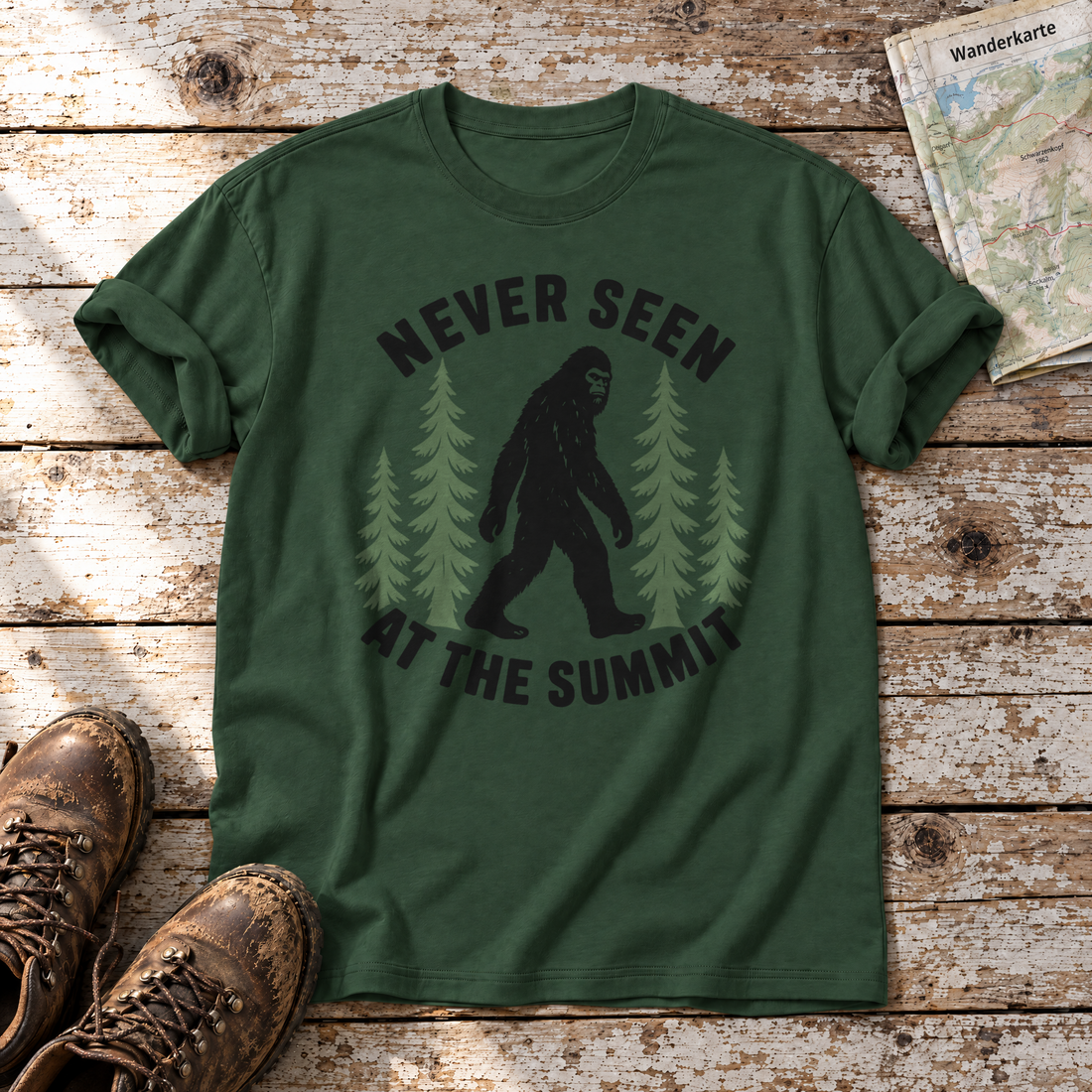 Never seen at the summit – T-Shirt Unisex in Flaschengrün, flach liegend auf alten Holzbrettern mit Wanderschuhen und Wanderkarte.