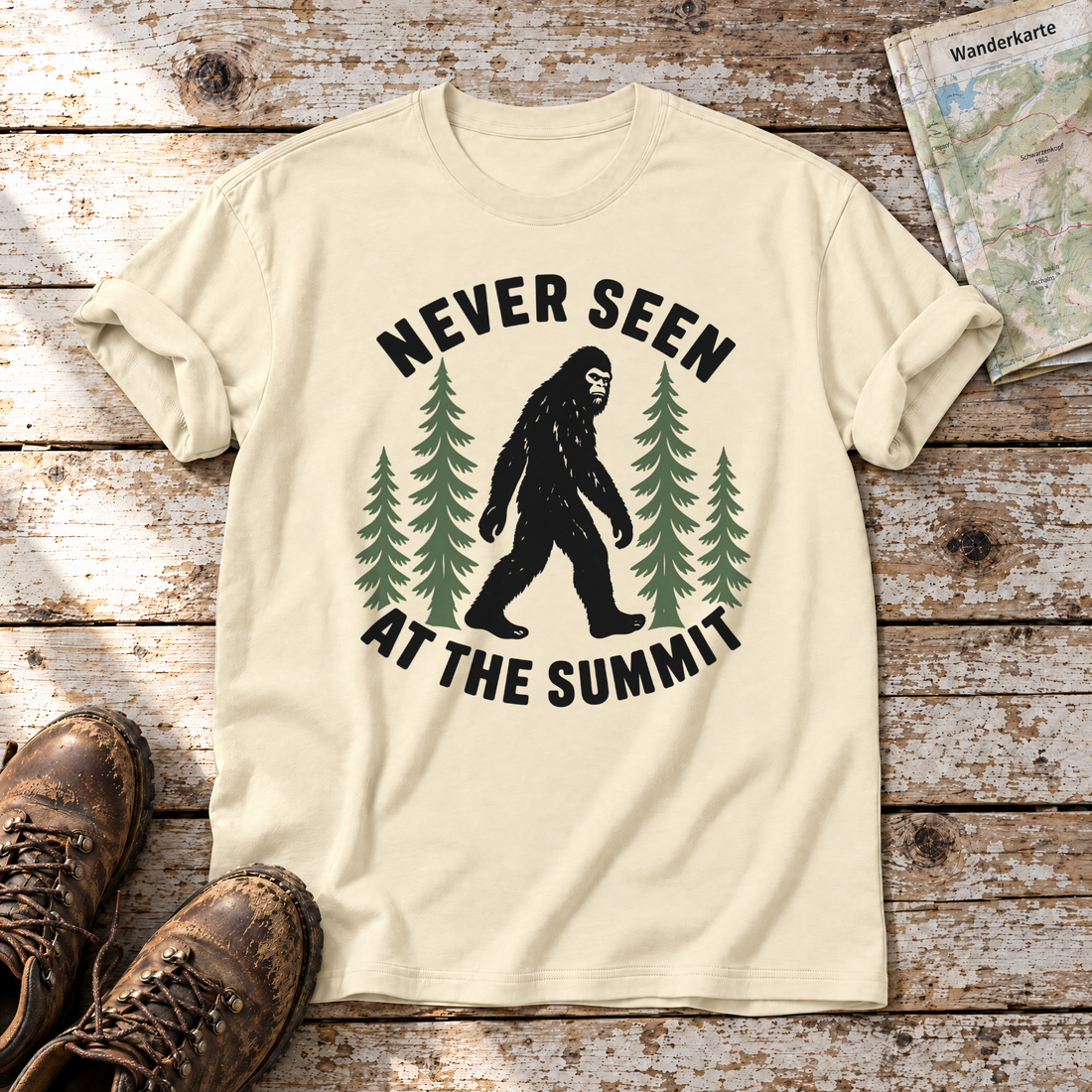 Never seen at the summit – T-Shirt Unisex in Natur, flach liegend auf alten Holzbrettern mit Wanderschuhen und Wanderkarte.