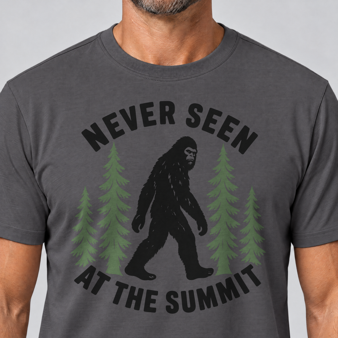 Nahaufnahme des Drucks: Never seen at the summit – T-Shirt Unisex in Dunkelgrau, von einem Mann getragen