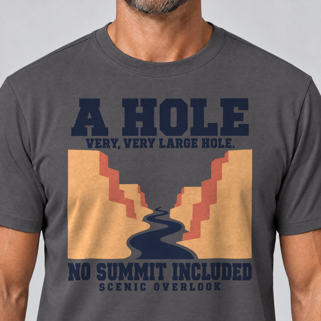 Nahaufnahme des Drucks: No Summit Included – T-Shirt Unisex in Dunkelgrau, von einem Mann getragen