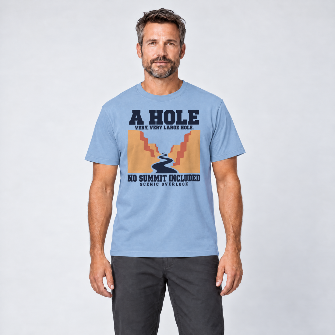Mann trägt No Summit Included – T-Shirt Unisex in Himmelblau, Ansicht von vorn